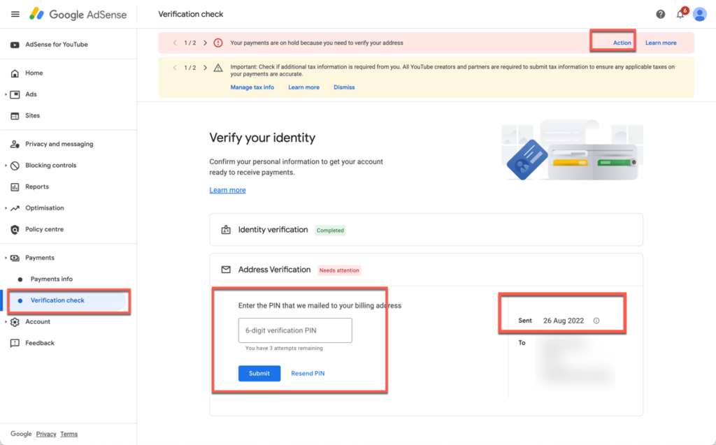 Adsense Pin verification