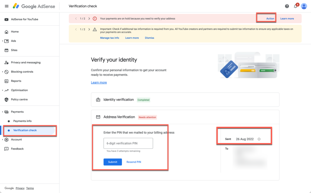 Adsense Pin Verification