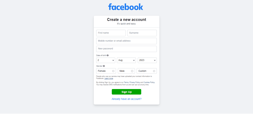 Facebook Page Sign Up