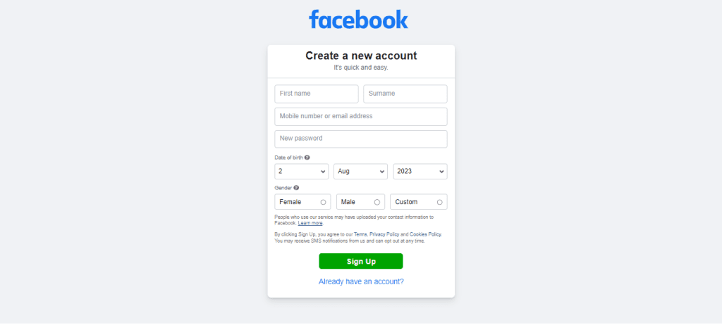 Facebook Page sign up