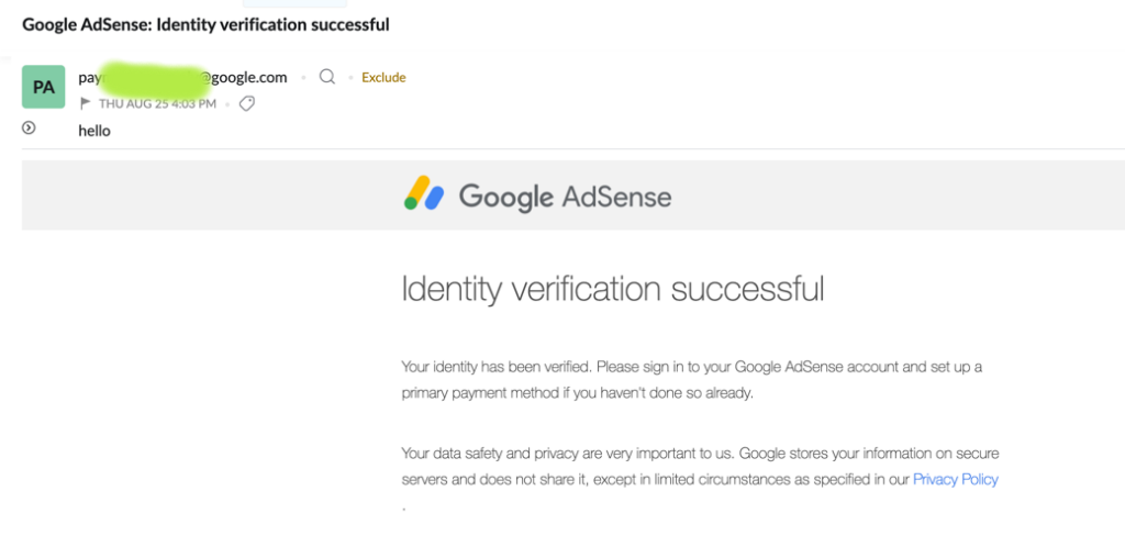 adsense identity verification successful