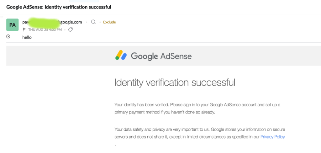 Adsense Identity Verification Successful